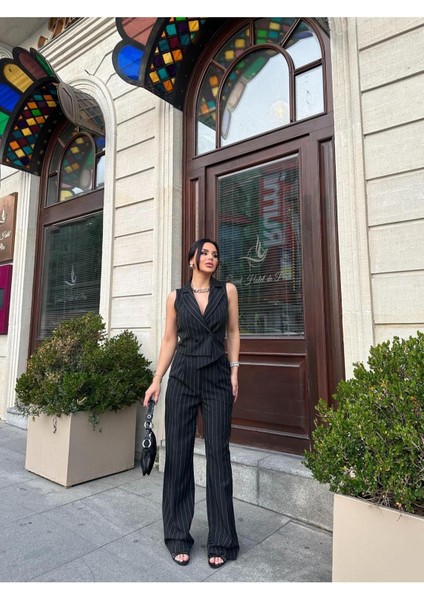 Kadın Çizgili Asimetrik Kesim Yelek Palazzo Pantolon Takım Elbise fiyatları