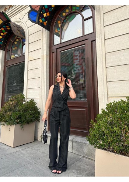 Kadın Çizgili Asimetrik Kesim Yelek Palazzo Pantolon Takım Elbise fırsatları