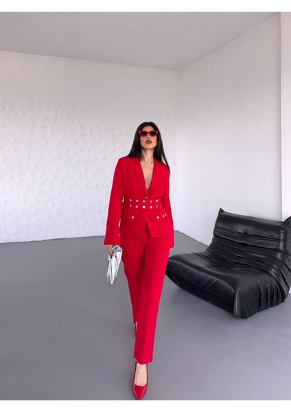 Kadın Zımba Kemer Detaylı Çıtçıtlı Cekete Palazzo Pantolon Şık Takım Elbise