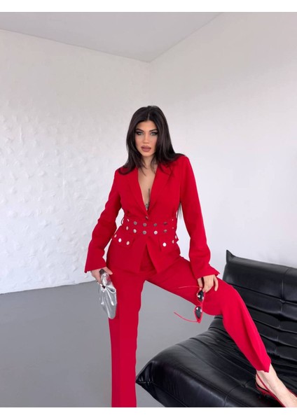 Kadın Zımba Kemer Detaylı Çıtçıtlı Cekete Palazzo Pantolon Şık Takım Elbise modelleri