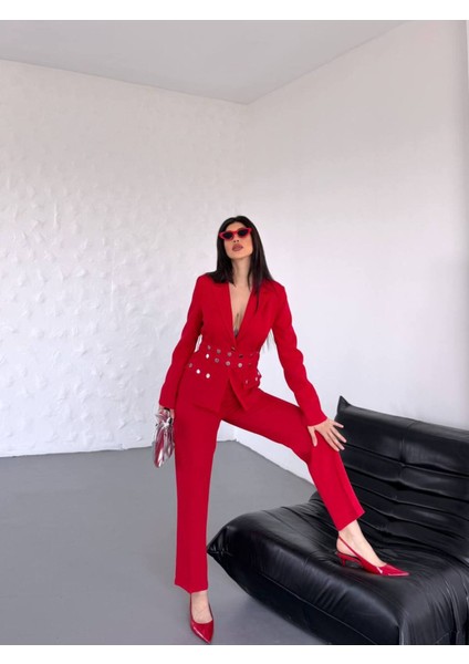 Kadın Zımba Kemer Detaylı Çıtçıtlı Cekete Palazzo Pantolon Şık Takım Elbise fırsatları