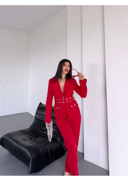 Kadın Zımba Kemer Detaylı Çıtçıtlı Cekete Palazzo Pantolon Şık Takım Elbise