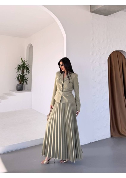 Kadın Kemerli Gold Düğmeli Premium Ceket Pileli Uzun Etek Takım Elbise fırsatları