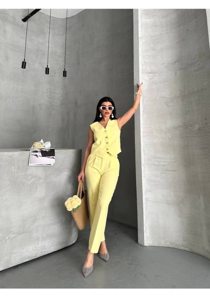 Kadın Alt Üst Takım Şık Taş Düğme Detaylı Premium Yelek Pantolon Ikili Takım Elbise fırsatları