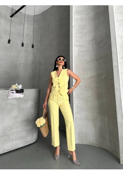 Kadın Alt Üst Takım Şık Taş Düğme Detaylı Premium Yelek Pantolon Ikili Takım Elbise indirimleri