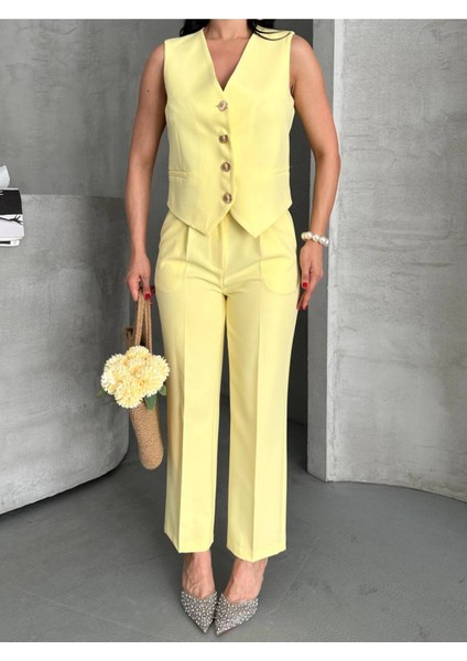 Kadın Alt Üst Takım Şık Taş Düğme Detaylı Premium Yelek Pantolon Ikili Takım Elbise