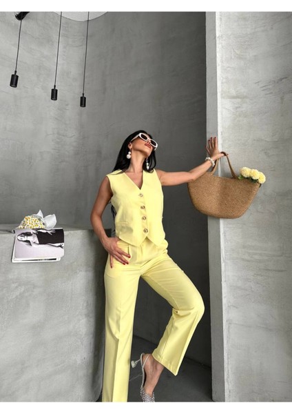 Kadın Alt Üst Takım Şık Taş Düğme Detaylı Premium Yelek Pantolon Ikili Takım Elbise