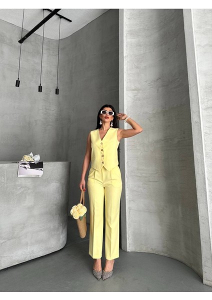Kadın Alt Üst Takım Şık Taş Düğme Detaylı Premium Yelek Pantolon Ikili Takım Elbise