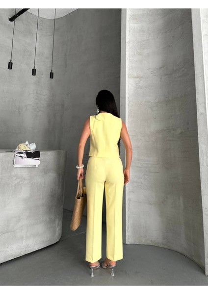 Kadın Alt Üst Takım Şık Taş Düğme Detaylı Premium Yelek Pantolon Ikili Takım Elbise