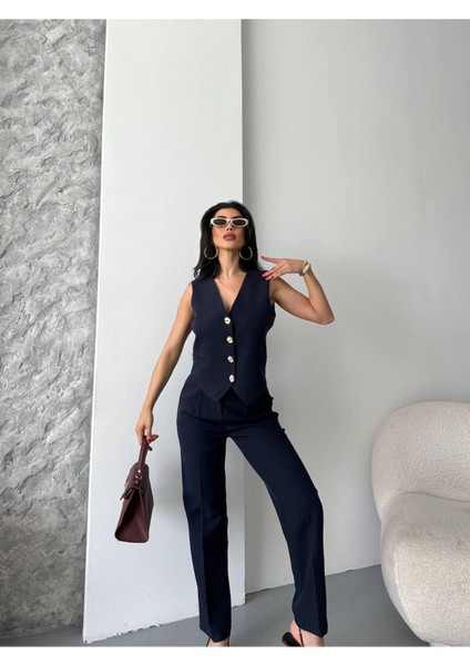 Kadın Alt Üst Takım Şık Taş Düğme Detaylı Premium Yelek Pantolon Ikili Takım Elbise