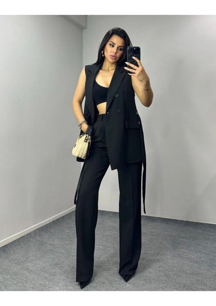 Kadın Kuşaklı Yelek Pantolon Takım Elbise