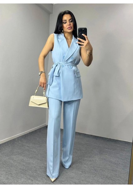 Kadın Kuşaklı Yelek Pantolon Takım Elbise