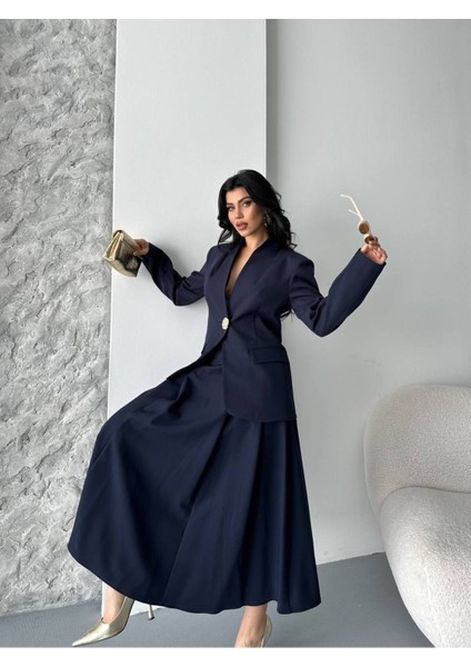 Kadın Gold Kurabiye Düğmeli Blazer Ceket Etek Takım Elbise modelleri