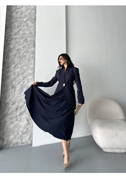 Kadın Gold Kurabiye Düğmeli Blazer Ceket Etek Takım Elbise indirimleri