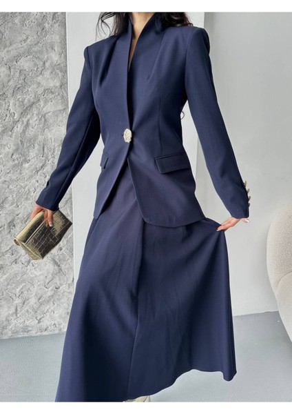 Kadın Gold Kurabiye Düğmeli Blazer Ceket Etek Takım Elbise