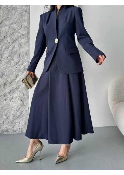 Kadın Gold Kurabiye Düğmeli Blazer Ceket Etek Takım Elbise