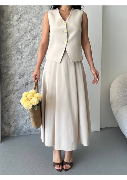 Kadın Alt Üst Takım Şık Düğme Detaylı Premium Yelek Etek Ikili Takım Elbise