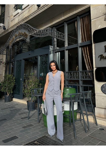 Kadın Klasik Çizgili Yelek Pantolon Takım Elbise fiyatları