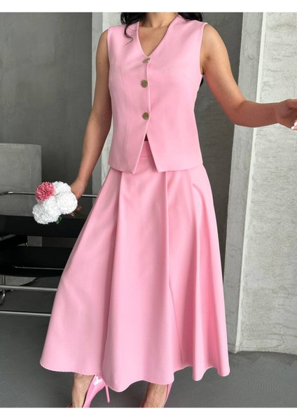 Kadın Alt Üst Takım Şık Düğme Detaylı Premium Yelek Etek Ikili Takım Elbise fiyatları