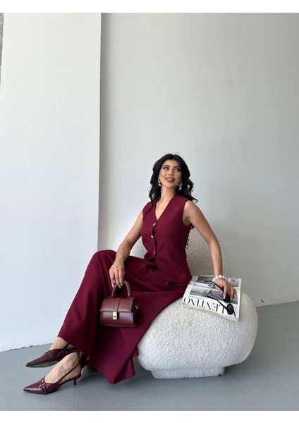 Kadın Alt Üst Takım Şık Düğme Detaylı Premium Yelek Etek Ikili Takım Elbise