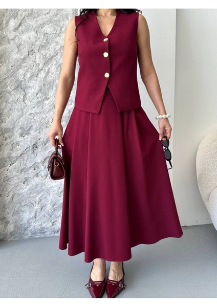 Kadın Alt Üst Takım Şık Düğme Detaylı Premium Yelek Etek Ikili Takım Elbise