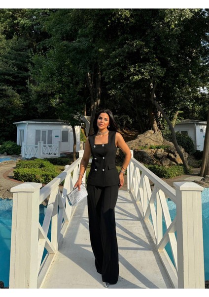 Kadın Düğmeli Yelek Pantolon Kare Yaka Takım