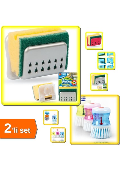 Deterjan Hazneli Bulaşık Fırçası + Sünger Askısı - 2li Set ABC456