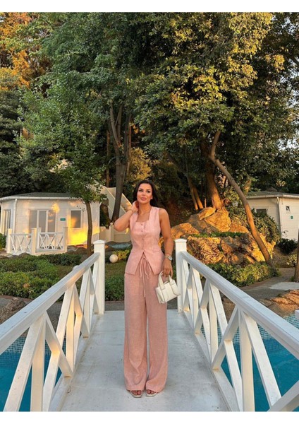 Kadın Düğmeli Yelek Palazzo Pantolon Kare Yaka Keten Takım modelleri