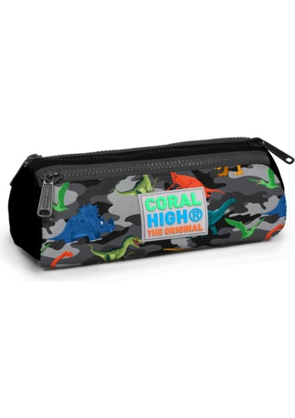 Kids Gri Kamuflaj Dinazor Desenli Üç Bölmeli Kalem Çantası