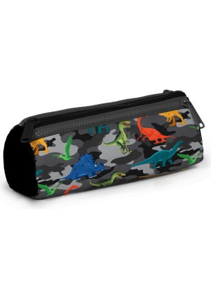 Kids Gri Kamuflaj Dinazor Desenli Üç Bölmeli Kalem Çantası modelleri