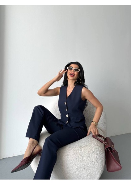 Kadın Alt Üst Takım Şık Taş Düğme Detaylı Premium Yelek Pantolon Ikili Takım Elbise