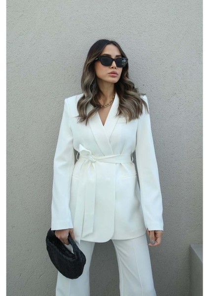 Kadın Kuşaklı Ceket Pantolon Takım Elbise modelleri