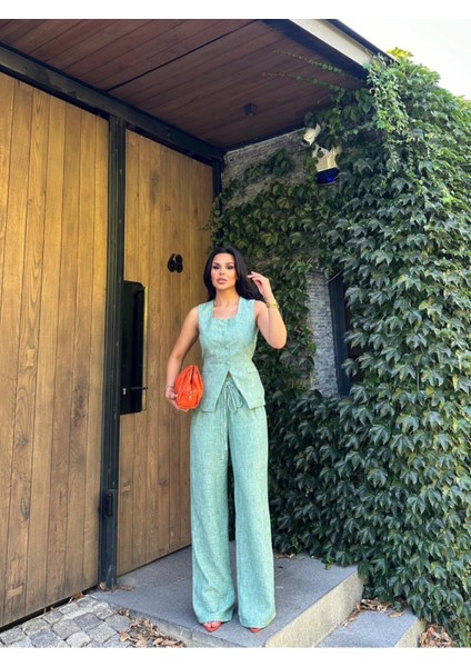 Kadın Düğmeli Yelek Palazzo Pantolon Kare Yaka Keten Takım