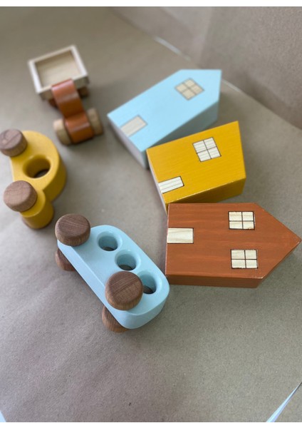 Montessori Ahşap Ev ve Araba Seti - 6'lı Eğitici Oyuncak Set