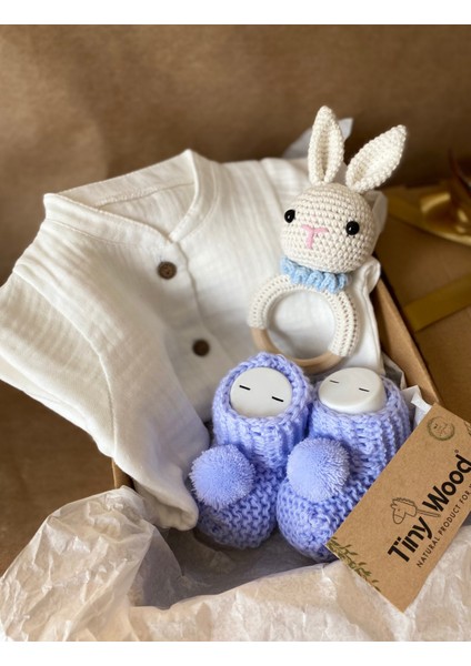 Organik Yenidoğan Bebek Hediye Seti | Amigurumi Tavşan Çıngırak, Müslin Tulum & Triko Patik fiyatları