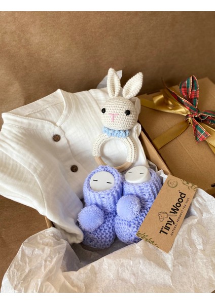 Organik Yenidoğan Bebek Hediye Seti | Amigurumi Tavşan Çıngırak, Müslin Tulum & Triko Patik fırsatları