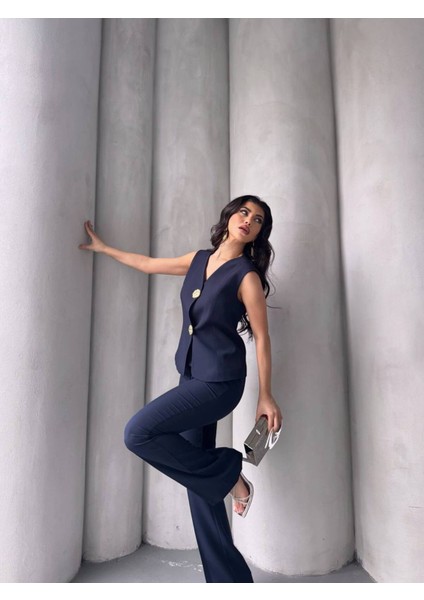 Kadın Gold Kurabiye Düğmeli Yelek Pantolon Takım Elbise fırsatları