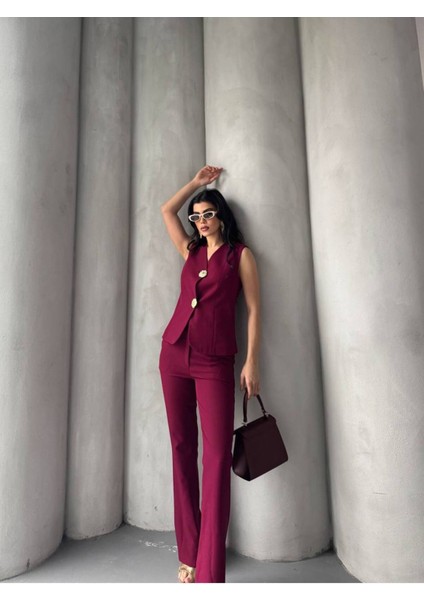 Kadın Gold Kurabiye Düğmeli Yelek Pantolon Takım Elbise modelleri