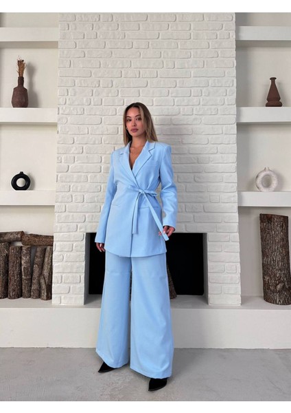 Kadın Yandan Bağlamalı Kuşaklı Blazer Ceket Palazzo Pantolon Ikili Takım Elbise