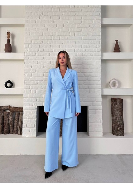 Kadın Yandan Bağlamalı Kuşaklı Blazer Ceket Palazzo Pantolon Ikili Takım Elbise fiyatları