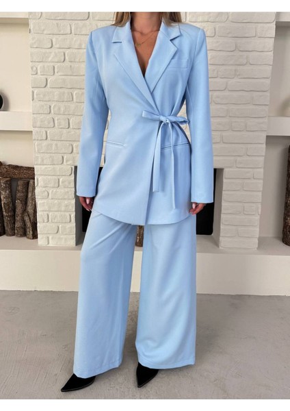 Kadın Yandan Bağlamalı Kuşaklı Blazer Ceket Palazzo Pantolon Ikili Takım Elbise modelleri