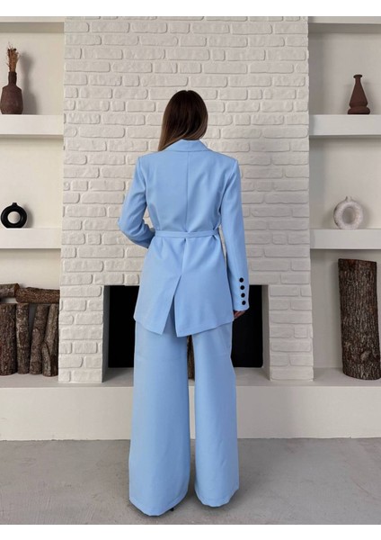 Kadın Yandan Bağlamalı Kuşaklı Blazer Ceket Palazzo Pantolon Ikili Takım Elbise fırsatları