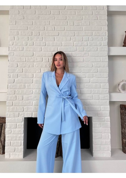 Kadın Yandan Bağlamalı Kuşaklı Blazer Ceket Palazzo Pantolon Ikili Takım Elbise