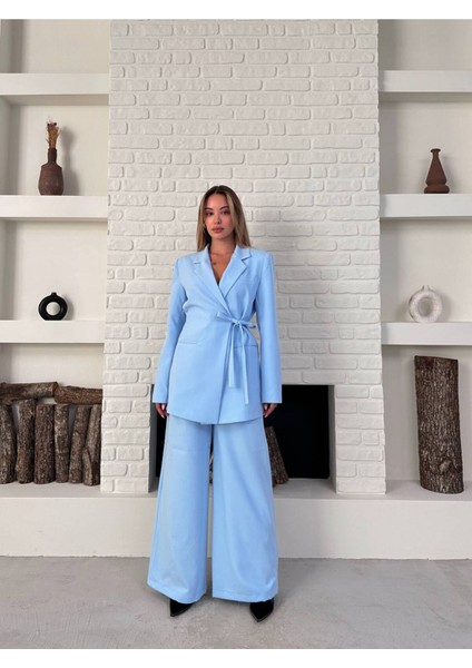 Kadın Yandan Bağlamalı Kuşaklı Blazer Ceket Palazzo Pantolon Ikili Takım Elbise