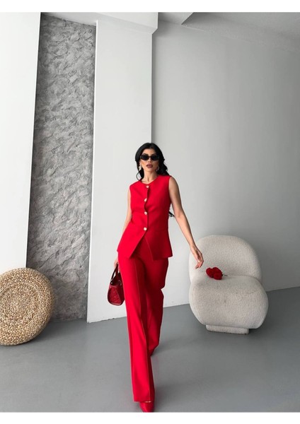 Kadın Alt Üst Takım Şık Düğme Detaylı Premium Yelek Pantolon Ikili Takım Elbise indirimleri