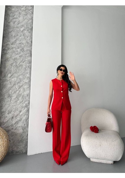 Kadın Alt Üst Takım Şık Düğme Detaylı Premium Yelek Pantolon Ikili Takım Elbise