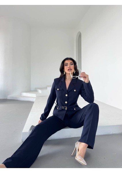 Kadın Kemerli Gold Düğmeli Ceket Palazzo Pantolon Takım Elbise indirimleri