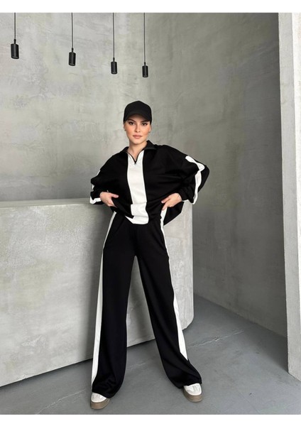 Kadın Spor Eşofman Takım Modal Kumaş Şeritli Uzun Kol Ikili Takım