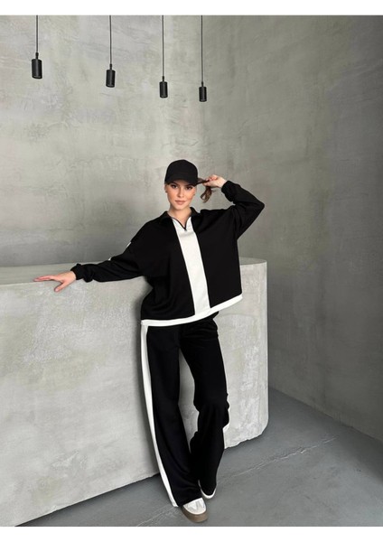 Kadın Spor Eşofman Takım Modal Kumaş Şeritli Uzun Kol Ikili Takım