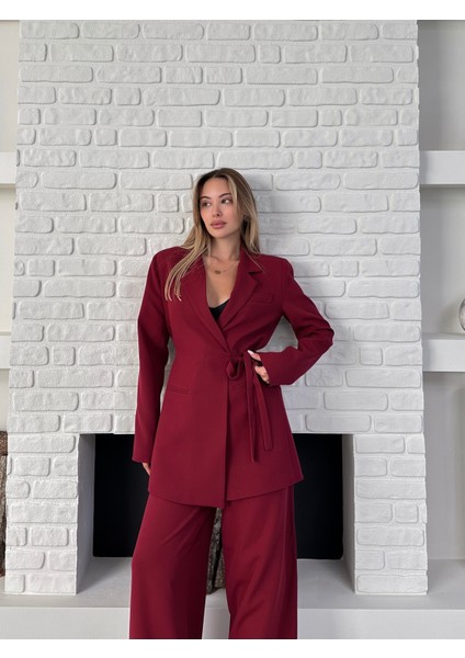 Kadın Yandan Bağlamalı Ikili Kuşaklı Blazer Ceket Pantolon Takım